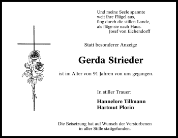 Traueranzeige von Gerda Strieder von Tageszeitung