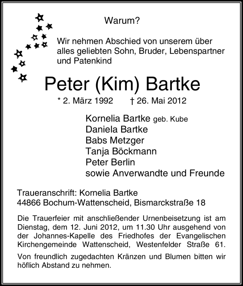  Traueranzeige für Peter Bartke vom 06.06.2012 aus Tageszeitung