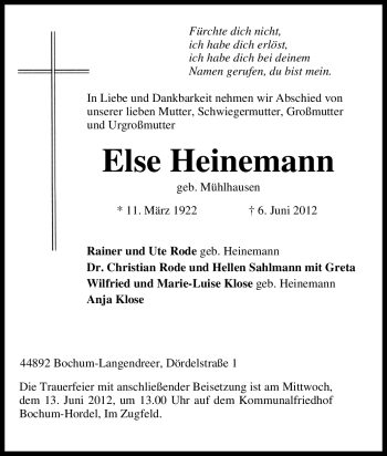 Traueranzeige von Else Heinemann von Tageszeitung