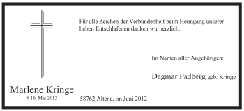 Traueranzeige von Marlene Kringe von Tageszeitung