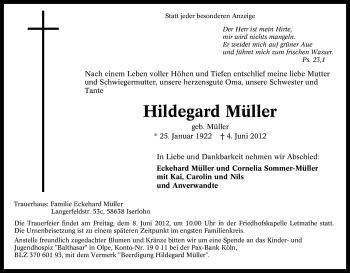 Traueranzeige von Hildegard Müller von Tageszeitung