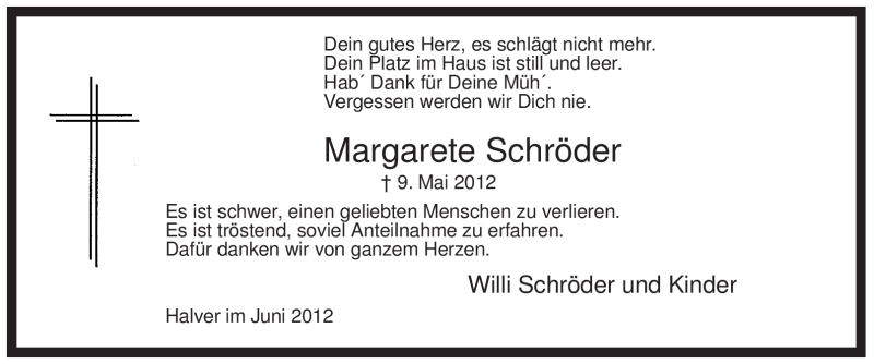  Traueranzeige für Margarete Schröder vom 30.06.2012 aus Tageszeitung