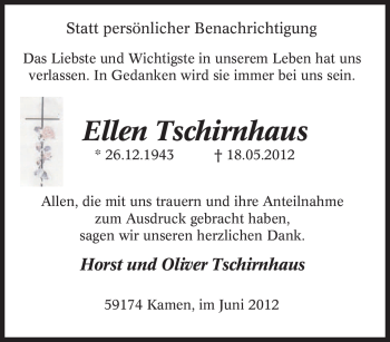 Traueranzeige von Ellen Tschirnhaus von Tageszeitung