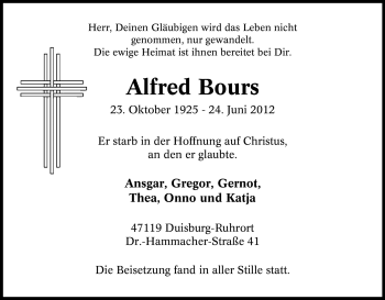 Traueranzeige von Alfred Bours von Tageszeitung