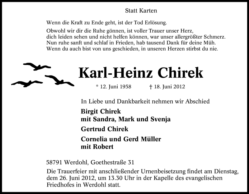  Traueranzeige für Karl-Heinz Chirek vom 21.06.2012 aus Tageszeitung