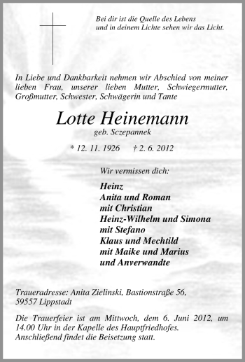 Traueranzeige von Lotte Heinemann von Tageszeitung