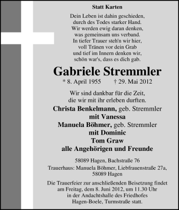 Traueranzeige von Gabriele Stremmler von Tageszeitung