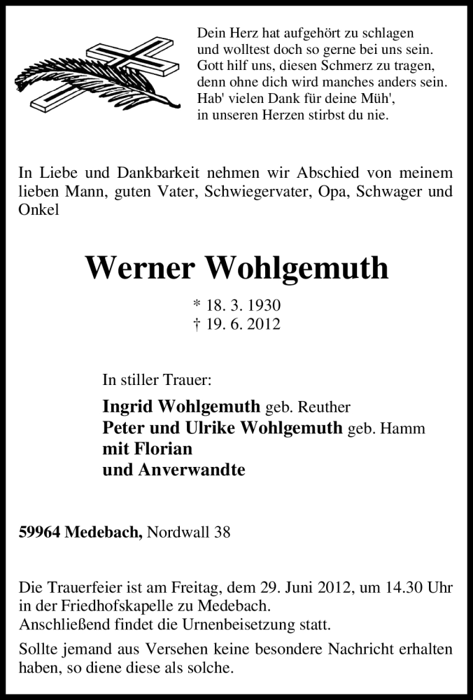  Traueranzeige für Werner Wohlgemuth vom 22.06.2012 aus Tageszeitung
