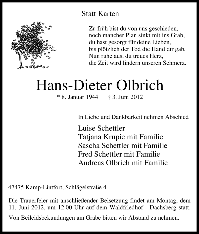  Traueranzeige für Hans-Dieter Olbrich vom 06.06.2012 aus Tageszeitung