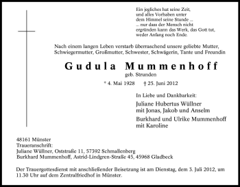 Traueranzeige von Gudula Mummenhoff von Tageszeitung