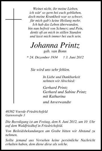 Traueranzeige von Johanna Printz von Tageszeitung