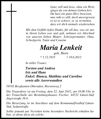 Traueranzeige von Maria Lenkeit von Tageszeitung