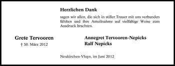 Traueranzeige von Grete Tervooren von Tageszeitung