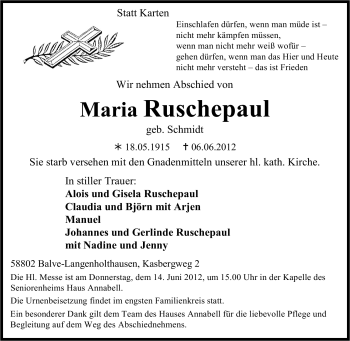 Traueranzeige von Maria Ruschepaul von Tageszeitung