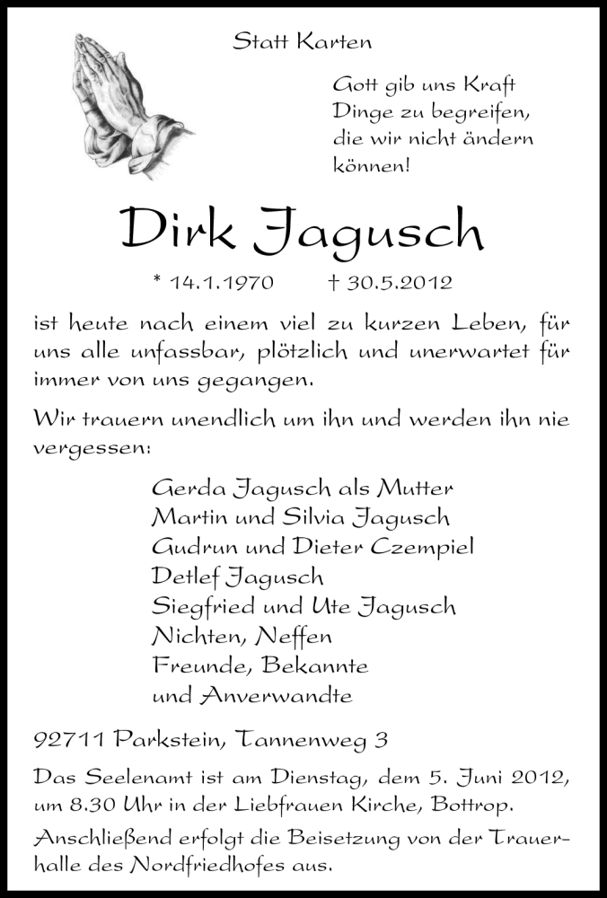  Traueranzeige für Dirk Jagusch vom 02.06.2012 aus Tageszeitung