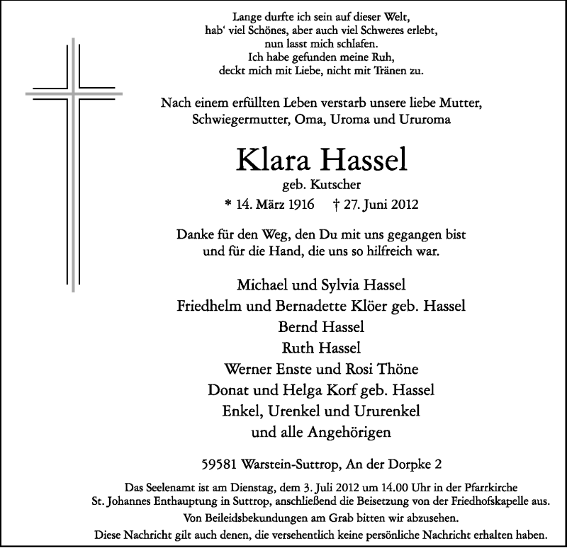  Traueranzeige für Klara Hassel vom 30.06.2012 aus Tageszeitung
