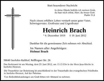 Traueranzeige von Heinrich Brach von Tageszeitung