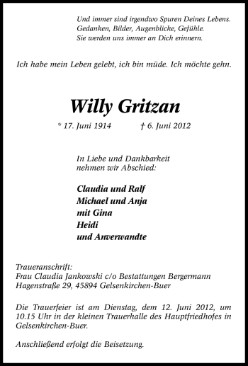 Traueranzeige von Willy Gritzan von Tageszeitung