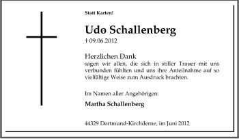 Traueranzeige von Udo Schallenberg von Tageszeitung