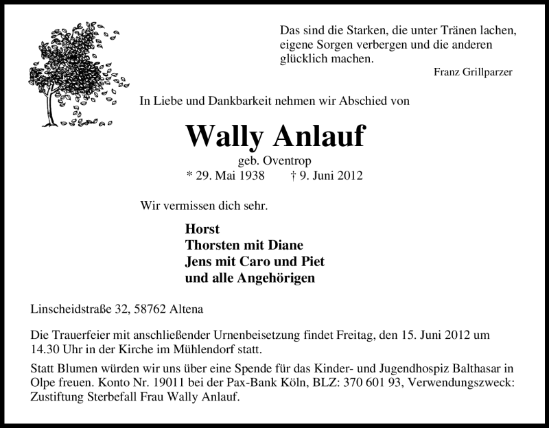  Traueranzeige für Wally Anlauf vom 12.06.2012 aus Tageszeitung