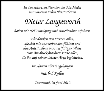 Traueranzeige von Dieter Langeworth von Tageszeitung