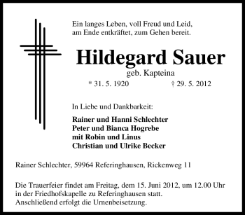 Traueranzeige von Hildegard Sauer von Tageszeitung