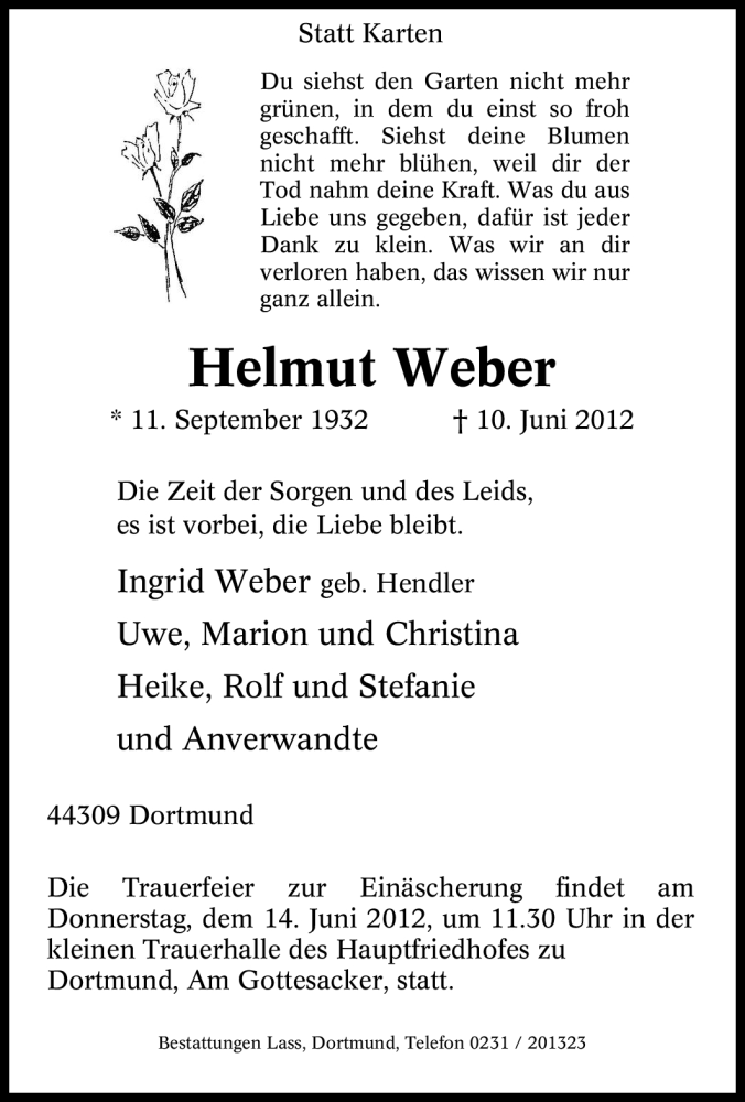  Traueranzeige für Helmut Weber vom 12.06.2012 aus Tageszeitung