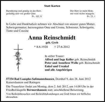 Traueranzeige von Anna Reinschmidt von Tageszeitung