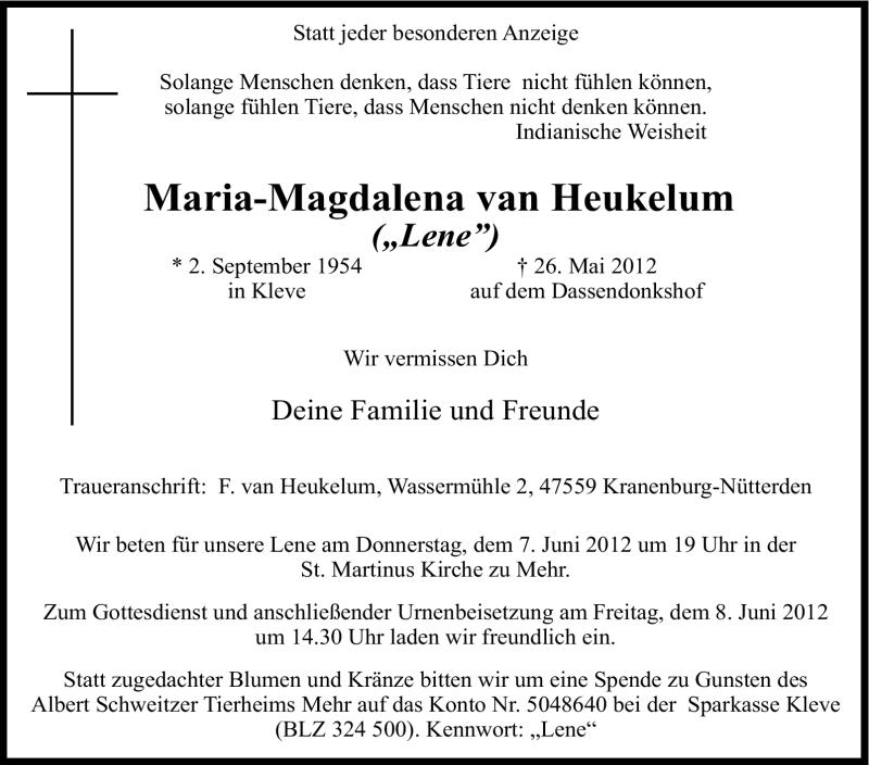  Traueranzeige für Maria-Magdalena van Heukelum vom 02.06.2012 aus Tageszeitung