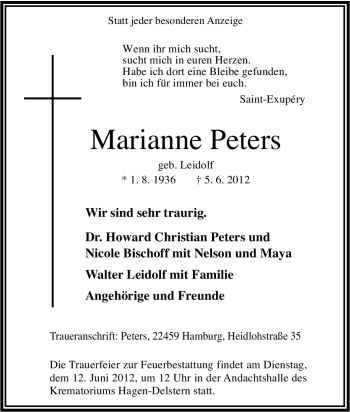 Traueranzeige von Marianne Peters von Tageszeitung