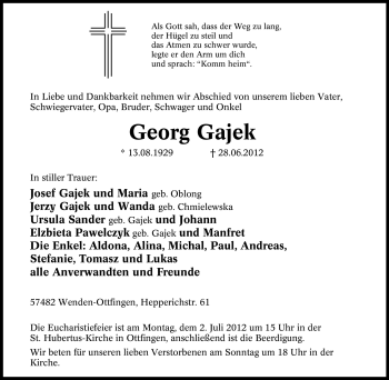 Traueranzeige von Georg Gajek von Tageszeitung