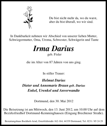 Traueranzeige von Irma Darius von Tageszeitung