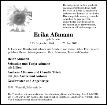 Traueranzeige von Erika Aßmann von Tageszeitung