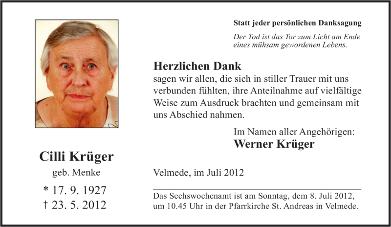  Traueranzeige für Cilli Krüger vom 30.06.2012 aus Tageszeitung