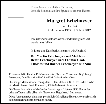 Traueranzeige von Margret Echelmeyer von Tageszeitung
