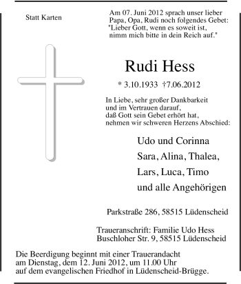 Traueranzeige von Rudi Hess von Tageszeitung