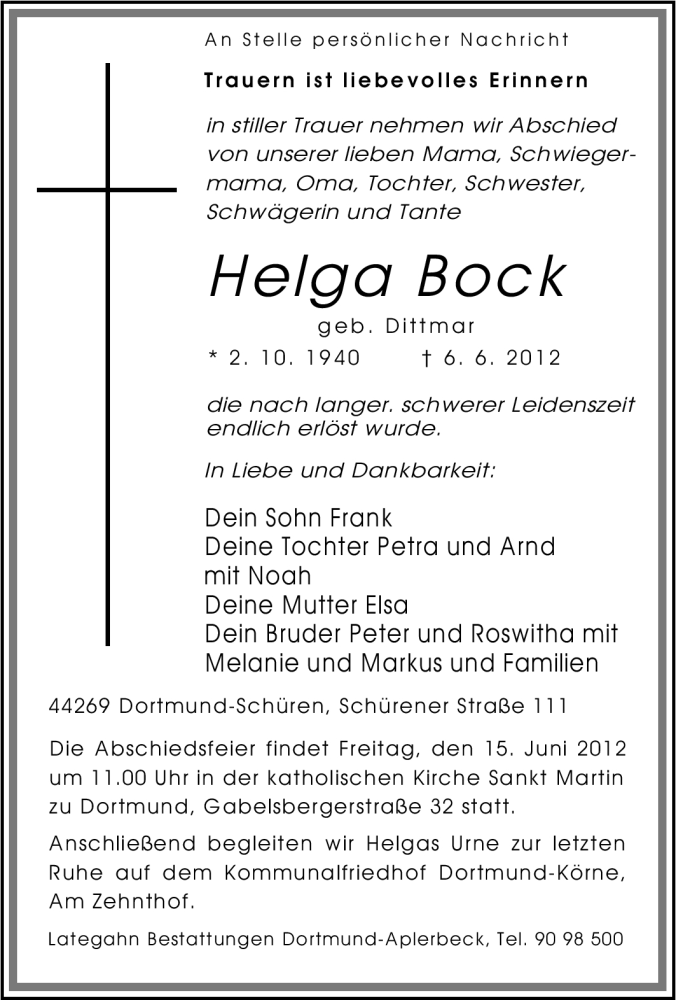  Traueranzeige für Helga Bock vom 12.06.2012 aus Tageszeitung