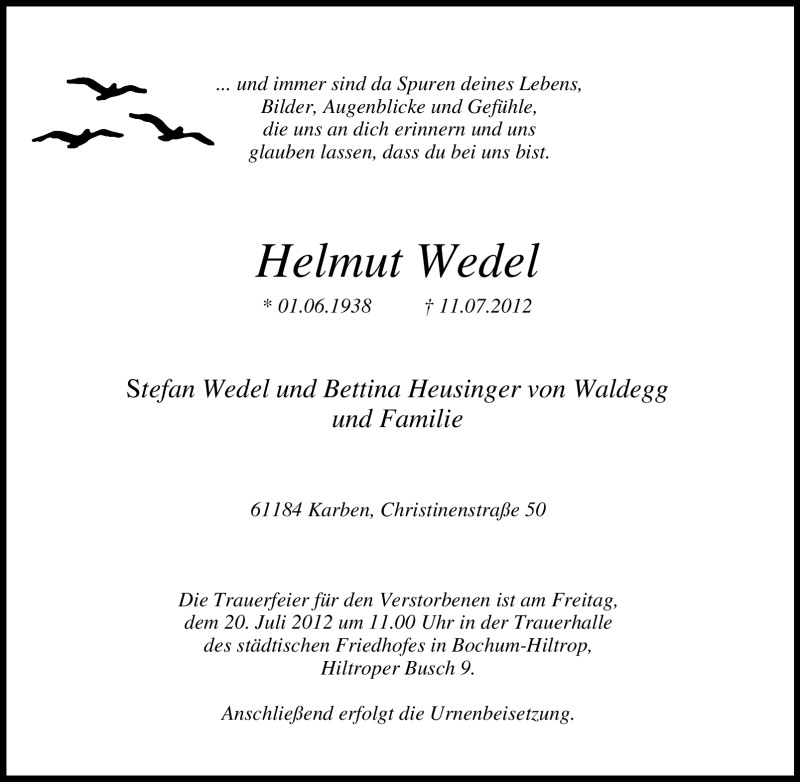  Traueranzeige für Helmut Wedel vom 17.07.2012 aus Tageszeitung