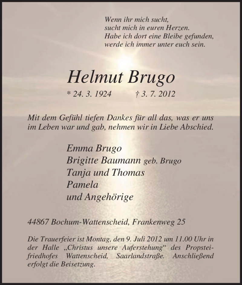  Traueranzeige für Helmut Brugo vom 06.07.2012 aus Tageszeitung