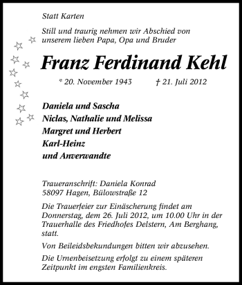 Traueranzeige von Franz Ferdinand Kehl von Tageszeitung