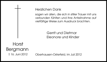 Traueranzeige von Horst Bergmann von Tageszeitung