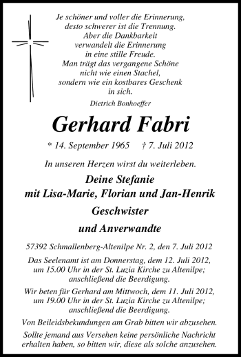 Traueranzeige von Gerhard Fabri von Tageszeitung