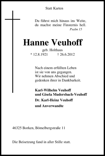 Traueranzeige von Hanne Veuhoff von Tageszeitung