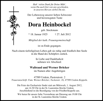Traueranzeige von Dora Heinbockel von Tageszeitung