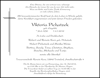 Traueranzeige von Viktoria Pichatzek von Tageszeitung