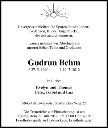 Traueranzeige von Gudrun Behm von Tageszeitung