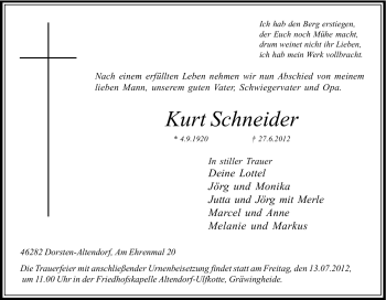 Traueranzeige von Kurt Schneider von Tageszeitung