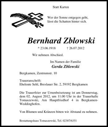 Traueranzeige von Bernhard Zblowski von Tageszeitung