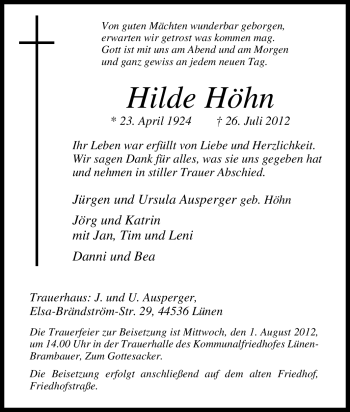 Traueranzeige von Hilde Höhn von Tageszeitung