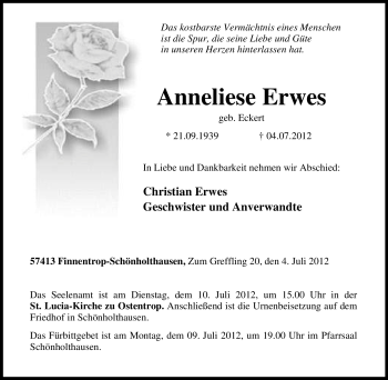 Traueranzeige von Anneliese Erwes von Tageszeitung